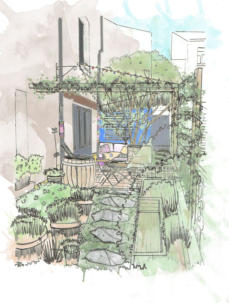 Croquis aquarellé du patio
