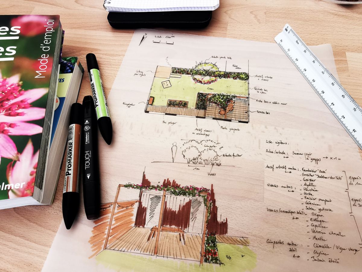 Croquis et plan d'un jardin sur la table de travail des paysagistes SICLE